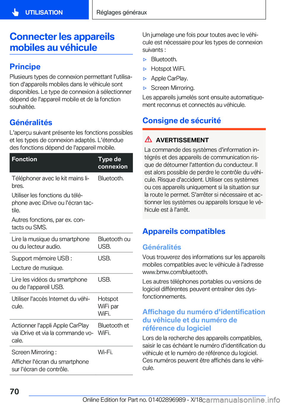 BMW Z4 2019  Notices Demploi (in French) �C�o�n�n�e�c�t�e�r��l�e�s��a�p�p�a�r�e�i�l�s�m�o�b�i�l�e�s��a�u��v�é�h�i�c�u�l�e
�P�r�i�n�c�i�p�e
�P�l�u�s�i�e�u�r�s��t�y�p�e�s��d�e��c�o�n�n�e�x�i�o�n��p�e�r�m�e�t�t�a�n�t��l�'�u�t�i�l�
