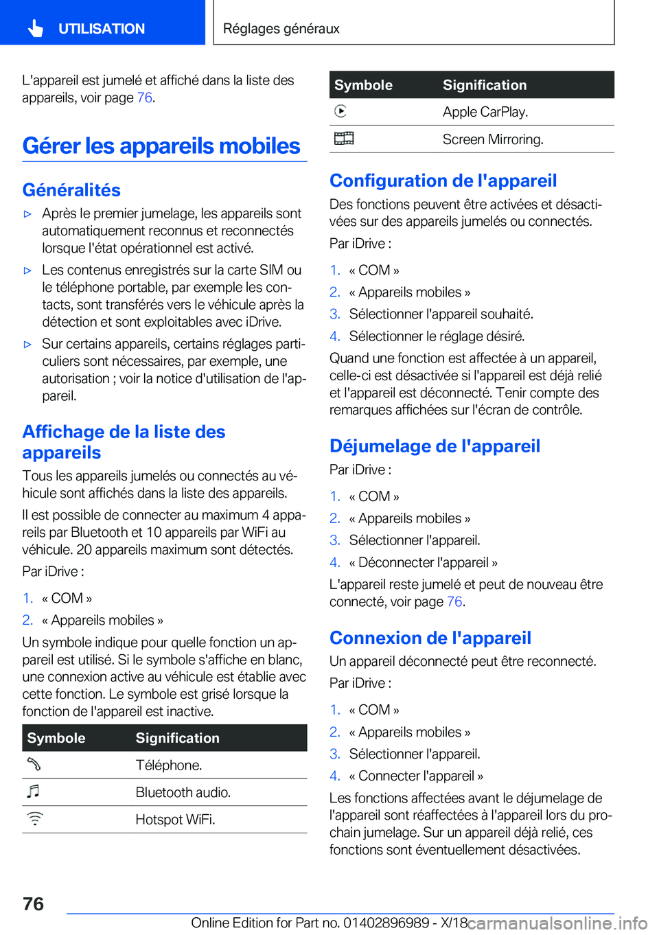 BMW Z4 2019  Notices Demploi (in French) �L�'�a�p�p�a�r�e�i�l��e�s�t��j�u�m�e�l�é��e�t��a�f�f�i�c�h�é��d�a�n�s��l�a��l�i�s�t�e��d�e�s�a�p�p�a�r�e�i�l�s�,��v�o�i�r��p�a�g�e� �7�6�.
�G�é�r�e�r��l�e�s��a�p�p�a�r�e�i�l�s��m�