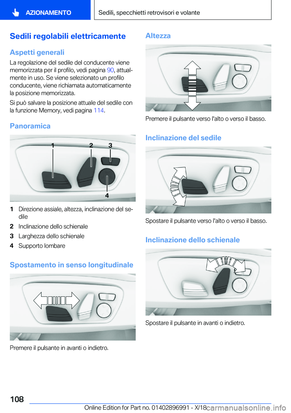 BMW Z4 2019  Libretti Di Uso E manutenzione (in Italian) �S�e�d�i�l�i��r�e�g�o�l�a�b�i�l�i��e�l�e�t�t�r�i�c�a�m�e�n�t�e
�A�s�p�e�t�t�i��g�e�n�e�r�a�l�i �L�a��r�e�g�o�l�a�z�i�o�n�e��d�e�l��s�e�d�i�l�e��d�e�l��c�o�n�d�u�c�e�n�t�e��v�i�e�n�e
�m�e�m�o�