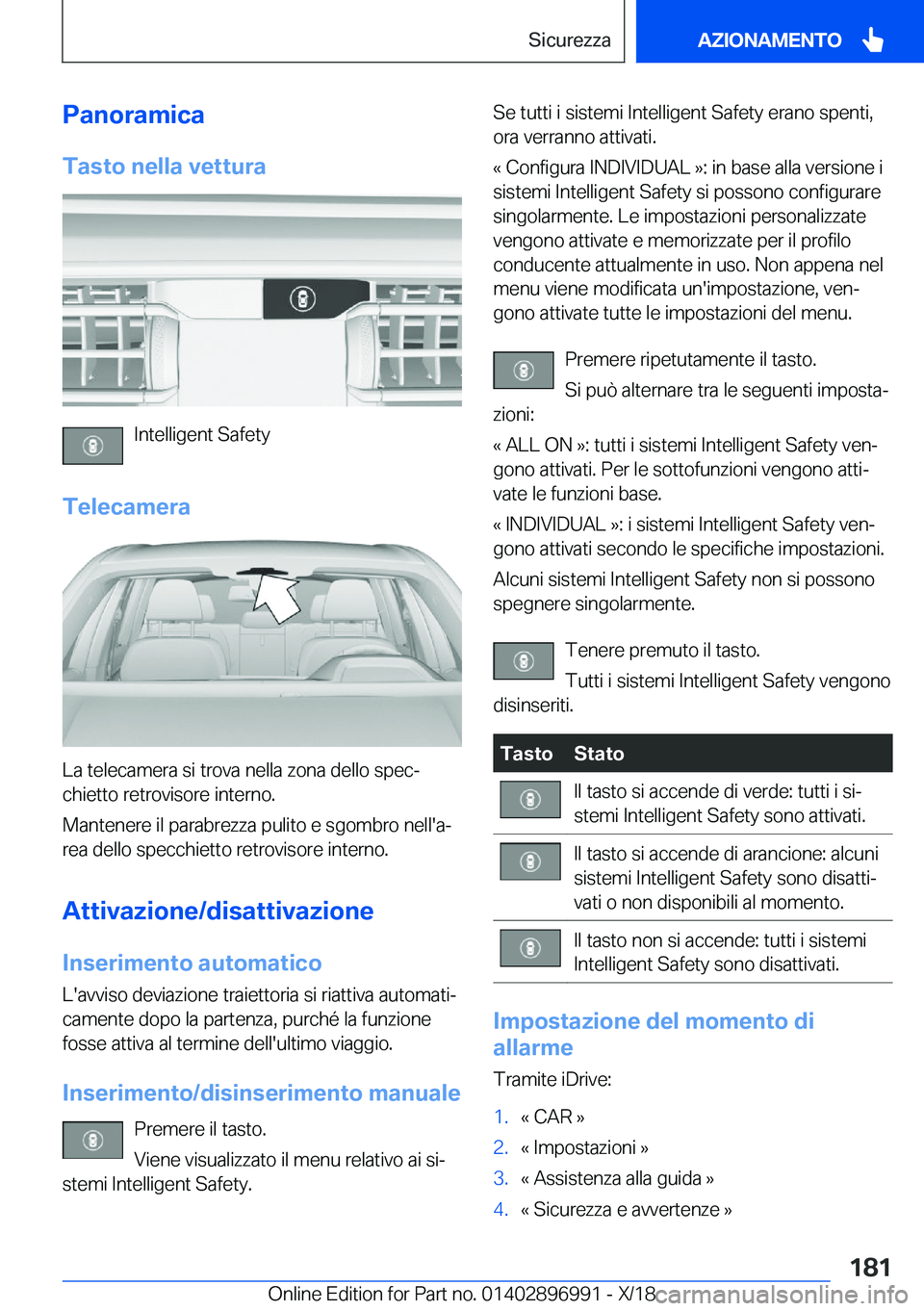 BMW Z4 2019  Libretti Di Uso E manutenzione (in Italian) �P�a�n�o�r�a�m�i�c�a�T�a�s�t�o��n�e�l�l�a��v�e�t�t�u�r�a
�I�n�t�e�l�l�i�g�e�n�t��S�a�f�e�t�y
�T�e�l�e�c�a�m�e�r�a
�L�a��t�e�l�e�c�a�m�e�r�a��s�i��t�r�o�v�a��n�e�l�l�a��z�o�n�a��d�e�l�l�o��s�