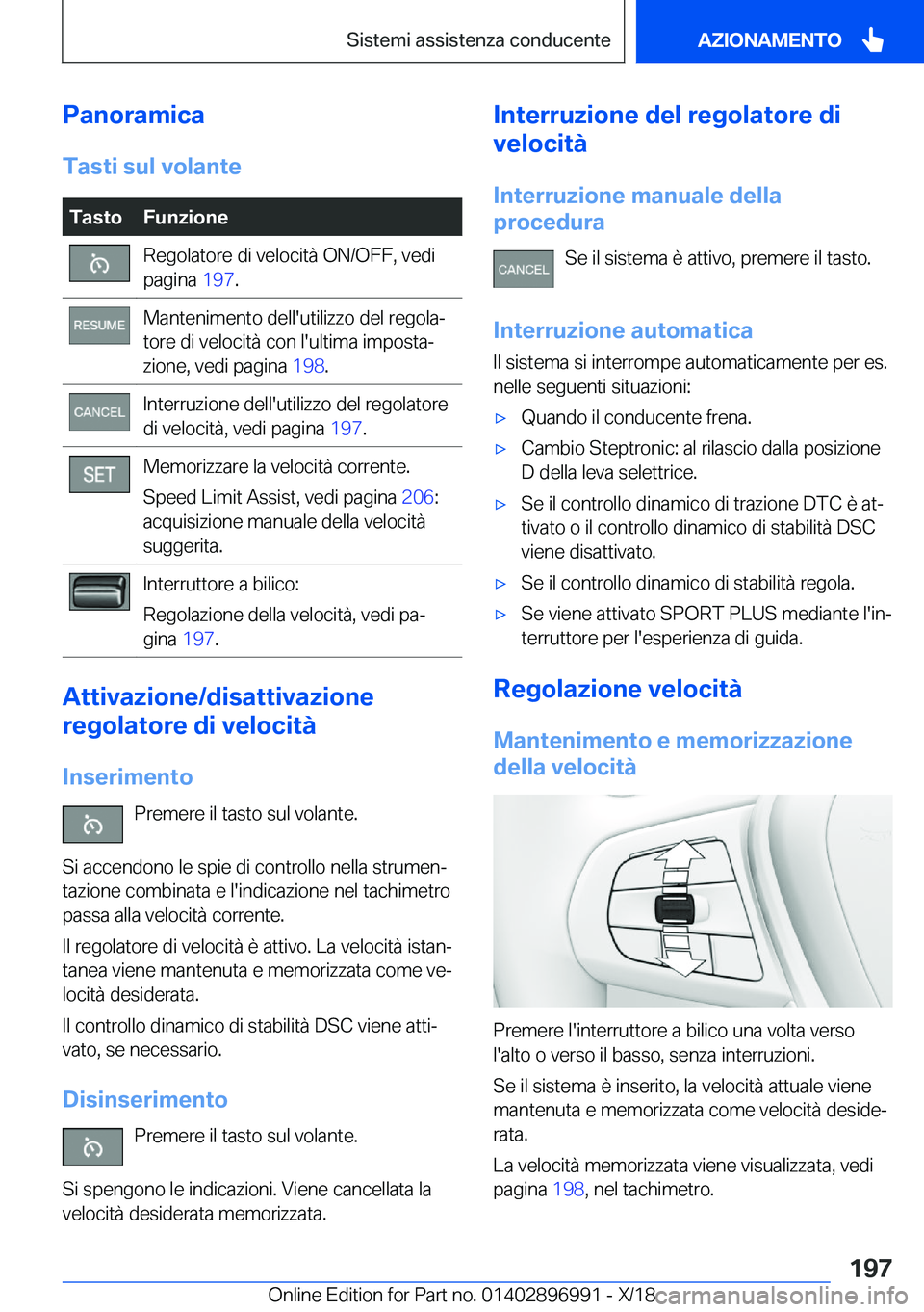 BMW Z4 2019  Libretti Di Uso E manutenzione (in Italian) �P�a�n�o�r�a�m�i�c�a�T�a�s�t�i��s�u�l��v�o�l�a�n�t�e�T�a�s�t�o�F�u�n�z�i�o�n�e�R�e�g�o�l�a�t�o�r�e��d�i��v�e�l�o�c�i�t�