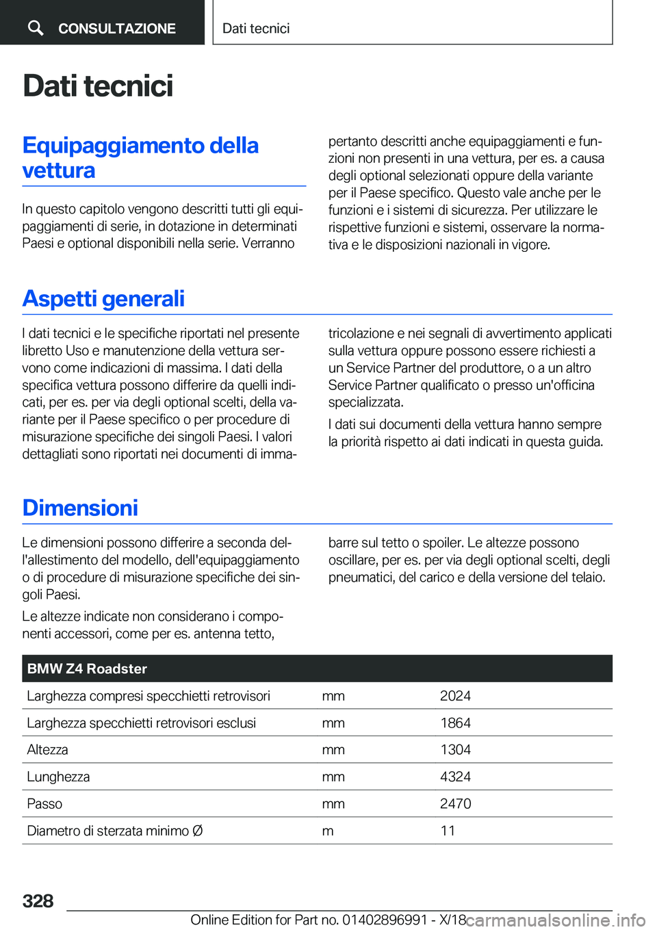 BMW Z4 2019  Libretti Di Uso E manutenzione (in Italian) �D�a�t�i��t�e�c�n�i�c�i�E�q�u�i�p�a�g�g�i�a�m�e�n�t�o��d�e�l�l�a�v�e�t�t�u�r�a
�I�n��q�u�e�s�t�o��c�a�p�i�t�o�l�o��v�e�n�g�o�n�o��d�e�s�c�r�i�t�t�i��t�u�t�t�i��g�l�i��e�q�u�iª
�p�a�g�g�i�a�