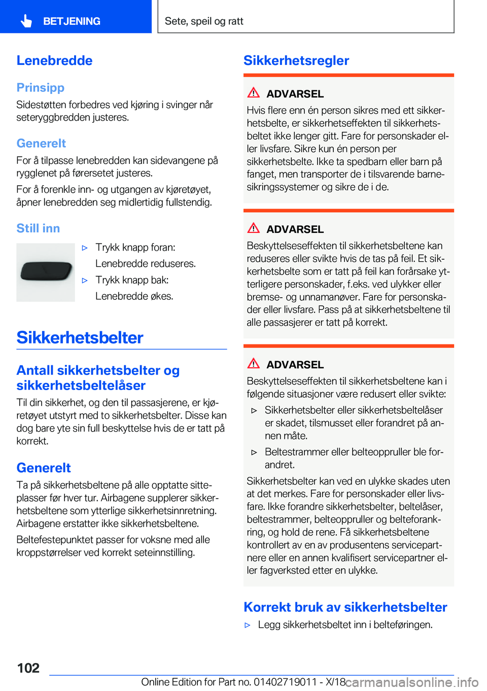 BMW Z4 2019  InstruksjonsbØker (in Norwegian) �L�e�n�e�b�r�e�d�d�e
�P�r�i�n�s�i�p�p �S�i�d�e�s�t�