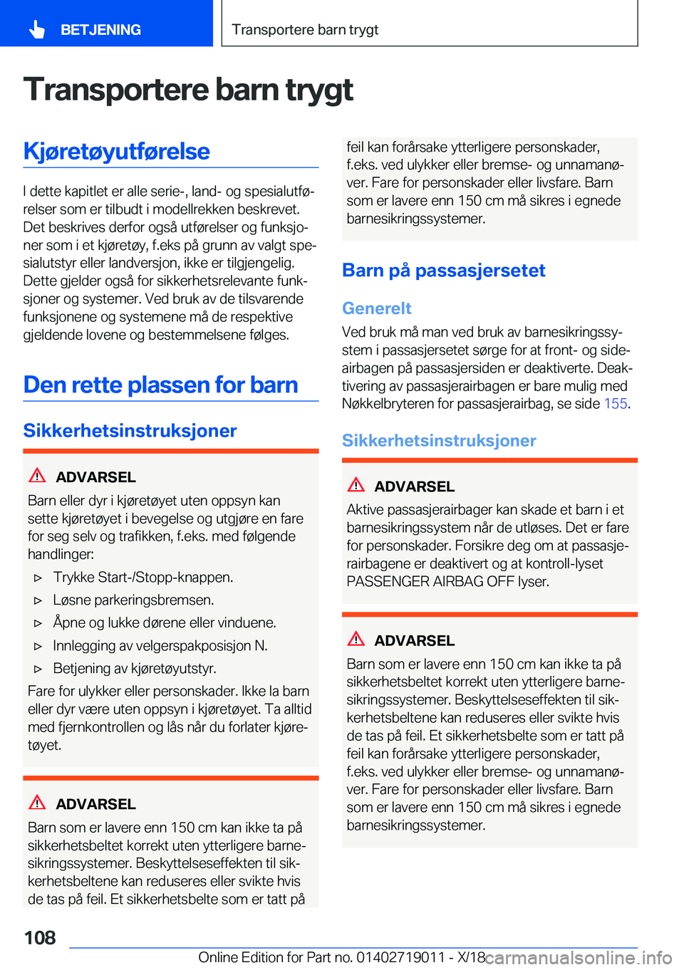 BMW Z4 2019  InstruksjonsbØker (in Norwegian) �T�r�a�n�s�p�o�r�t�e�r�e��b�a�r�n��t�r�y�g�t�K�j�