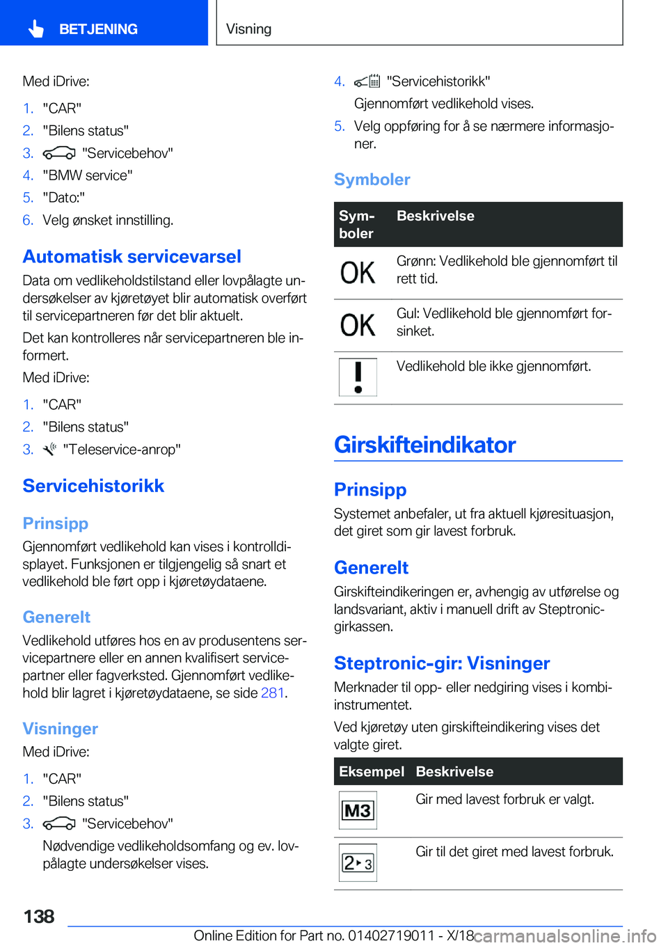 BMW Z4 2019  InstruksjonsbØker (in Norwegian) �M�e�d��i�D�r�i�v�e�:�1�.��C�A�R��2�.��B�i�l�e�n�s��s�t�a�t�u�s��3�.����S�e�r�v�i�c�e�b�e�h�o�v��4�.��B�M�W��s�e�r�v�i�c�e��5�.��D�a�t�o�:��6�.�V�e�l�g��