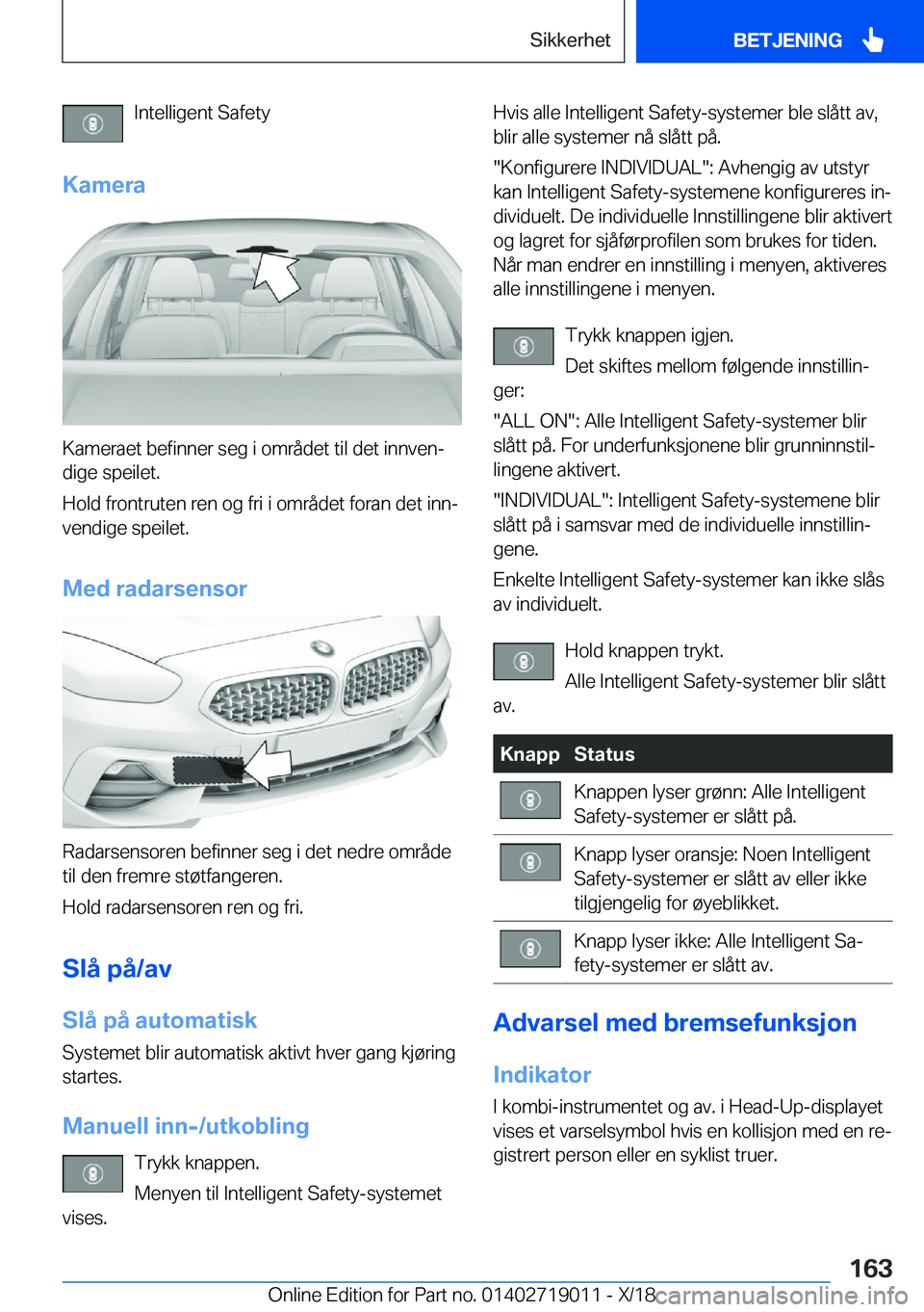 BMW Z4 2019  InstruksjonsbØker (in Norwegian) �I�n�t�e�l�l�i�g�e�n�t��S�a�f�e�t�y
�K�a�m�e�r�a
�K�a�m�e�r�a�e�t��b�e�f�i�n�n�e�r��s�e�g��i��o�m�r�å�d�e�t��t�i�l��d�e�t��i�n�n�v�e�nj �d�i�g�e��s�p�e�i�l�e�t�.
�H�o�l�d��f�r�o�n�t�r�u�t�