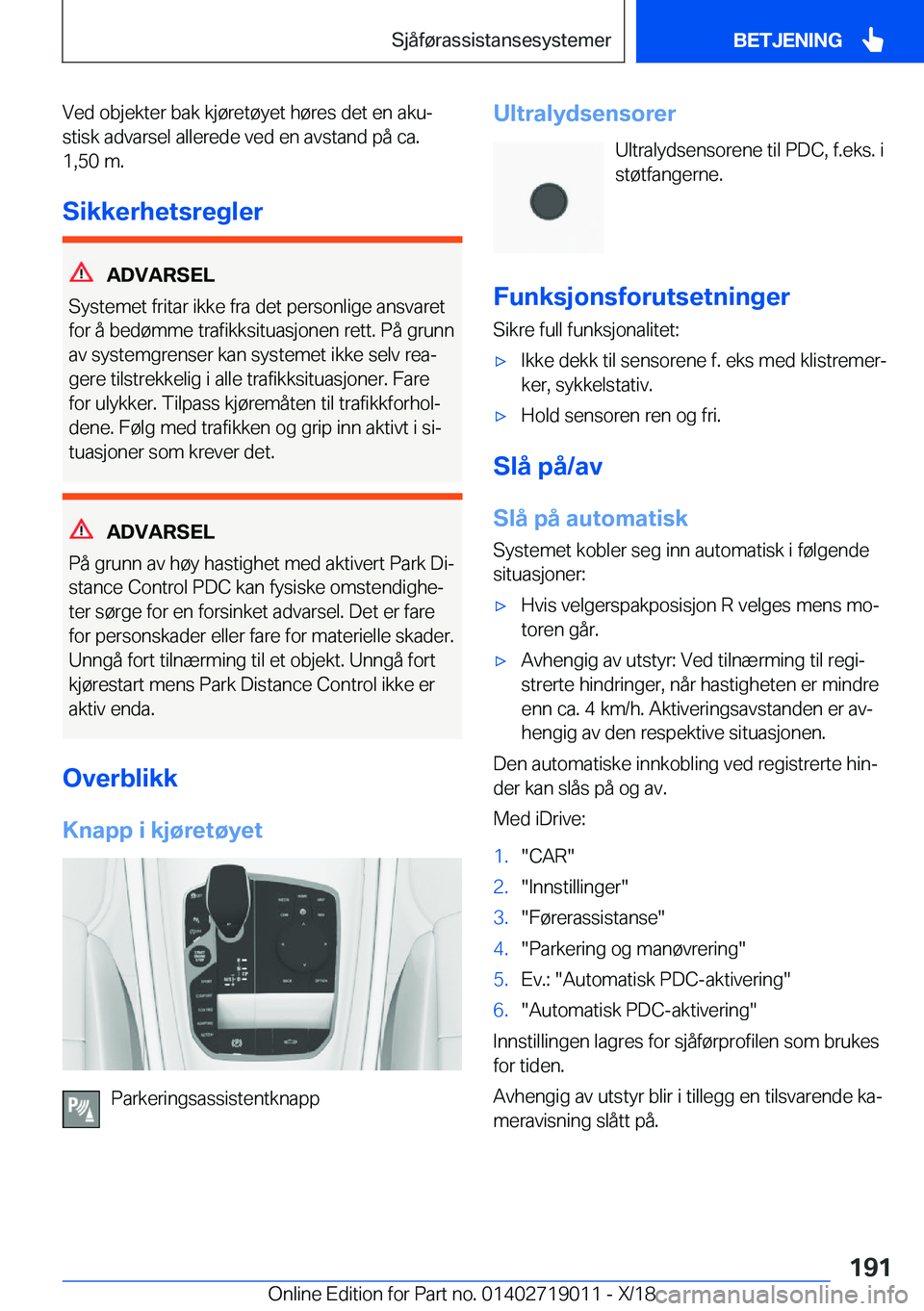 BMW Z4 2019  InstruksjonsbØker (in Norwegian) �V�e�d��o�b�j�e�k�t�e�r��b�a�k��k�j�
