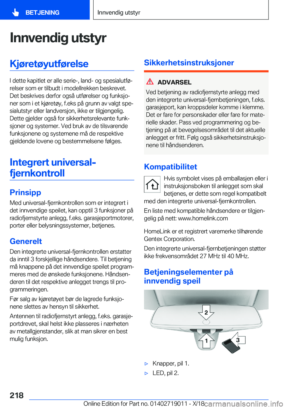BMW Z4 2019  InstruksjonsbØker (in Norwegian) �I�n�n�v�e�n�d�i�g��u�t�s�t�y�r�K�j�