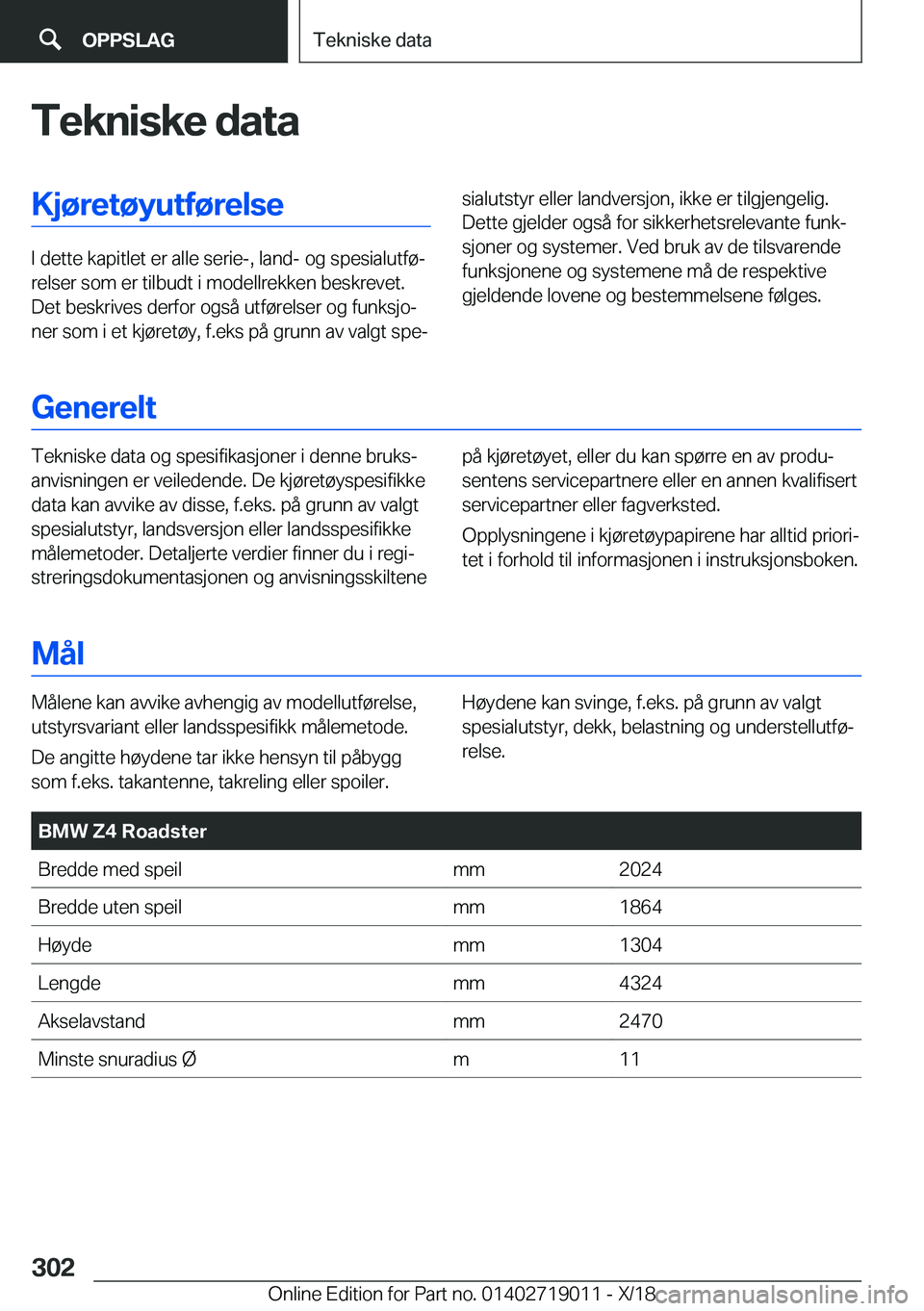 BMW Z4 2019  InstruksjonsbØker (in Norwegian) �T�e�k�n�i�s�k�e��d�a�t�a�K�j�