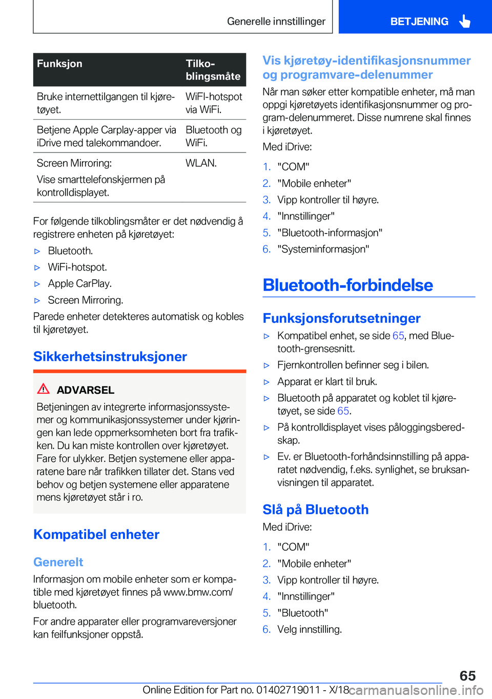 BMW Z4 2019  InstruksjonsbØker (in Norwegian) �F�u�n�k�s�j�o�n�T�i�l�k�oj
�b�l�i�n�g�s�m�å�t�e�B�r�u�k�e��i�n�t�e�r�n�e�t�t�i�l�g�a�n�g�e�n��t�i�l��k�j�