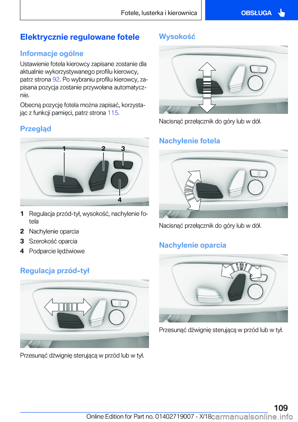BMW Z4 2019  Instrukcja obsługi (in Polish) �E�l�e�k�t�r�y�c�z�n�i�e��r�e�g�u�l�o�w�a�n�e��f�o�t�e�l�e
�I�n�f�o�r�m�a�c�j�e��o�g�