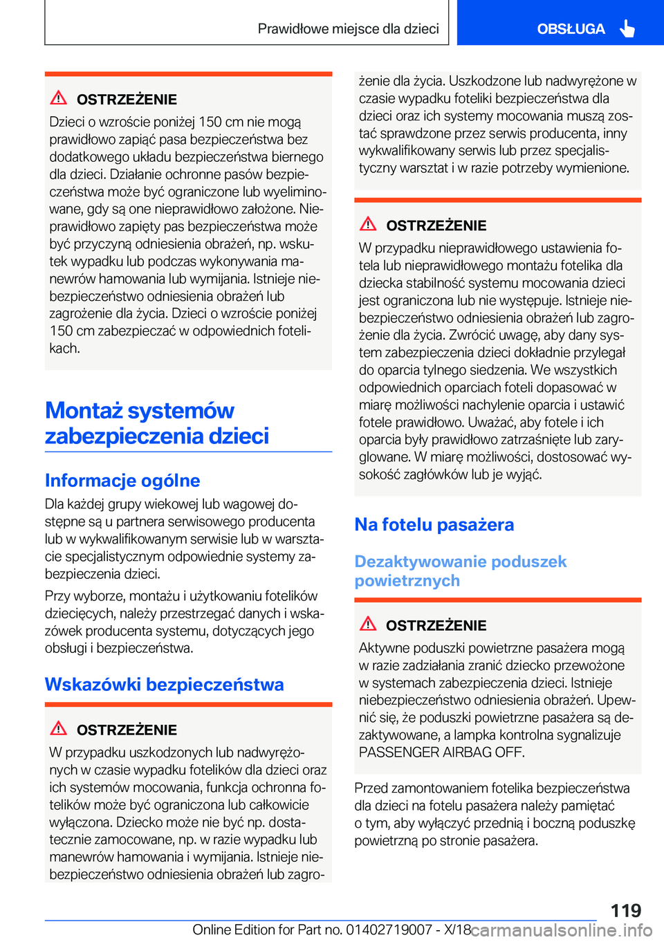 BMW Z4 2019  Instrukcja obsługi (in Polish) �O�S�T�R�Z�E8�E�N�I�E
�D�z�i�e�c�i��o��w�z�r�o�c�i�e��p�o�n�i9�e�j��1�5�0��c�m��n�i�e��m�o�g�