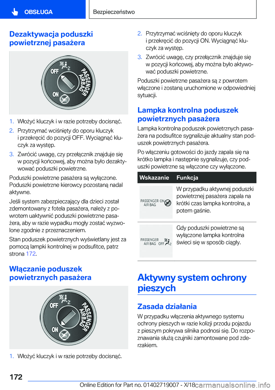 BMW Z4 2019  Instrukcja obsługi (in Polish) �D�e�z�a�k�t�y�w�a�c�j�a��p�o�d�u�s�z�k�i
�p�o�w�i�e�t�r�z�n�e�j��p�a�s�a9�e�r�a�1�.�W�ł�o9�y�