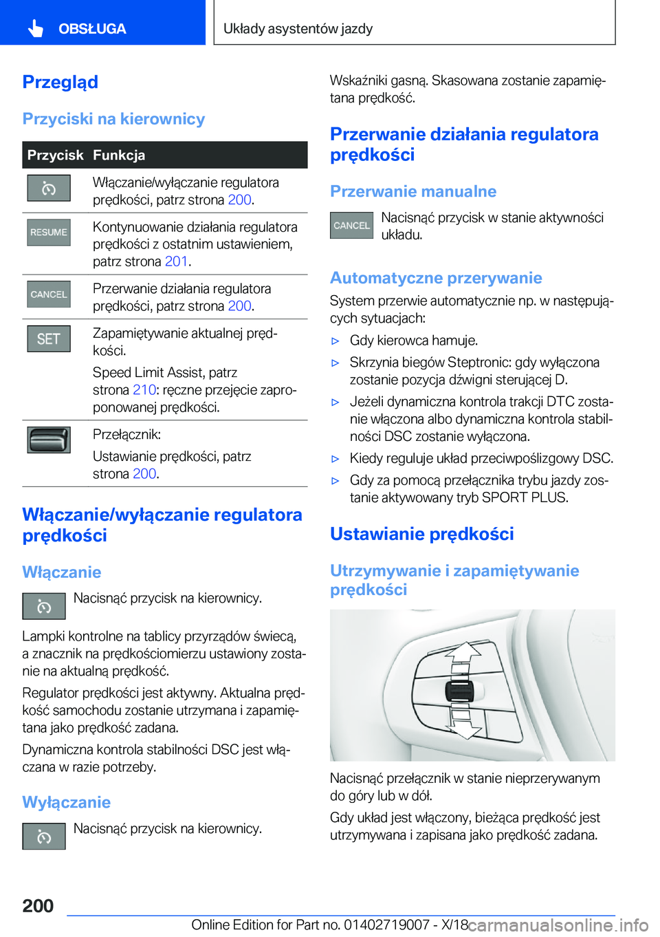 BMW Z4 2019  Instrukcja obsługi (in Polish) �P�r�z�e�g�l�ą�d�P�r�z�y�c�i�s�k�i��n�a��k�i�e�r�o�w�n�i�c�y�P�r�z�y�c�i�s�k�F�u�n�k�c�j�a�W�ł�