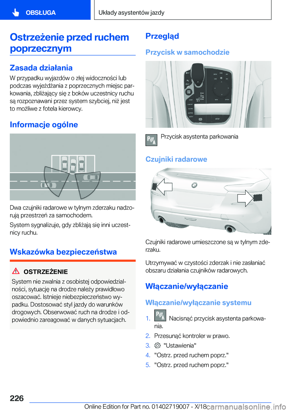 BMW Z4 2019  Instrukcja obsługi (in Polish) �O�s�t�r�z�e9�e�n�i�e��p�r�z�e�d��r�u�c�h�e�m�p�o�p�r�z�e�c�z�n�y�m
�Z�a�s�a�d�a��d�z�i�a�ł�a�n�i�a
�W��p�r�z�y�p�a�d�k�u��w�y�j�a�z�d�