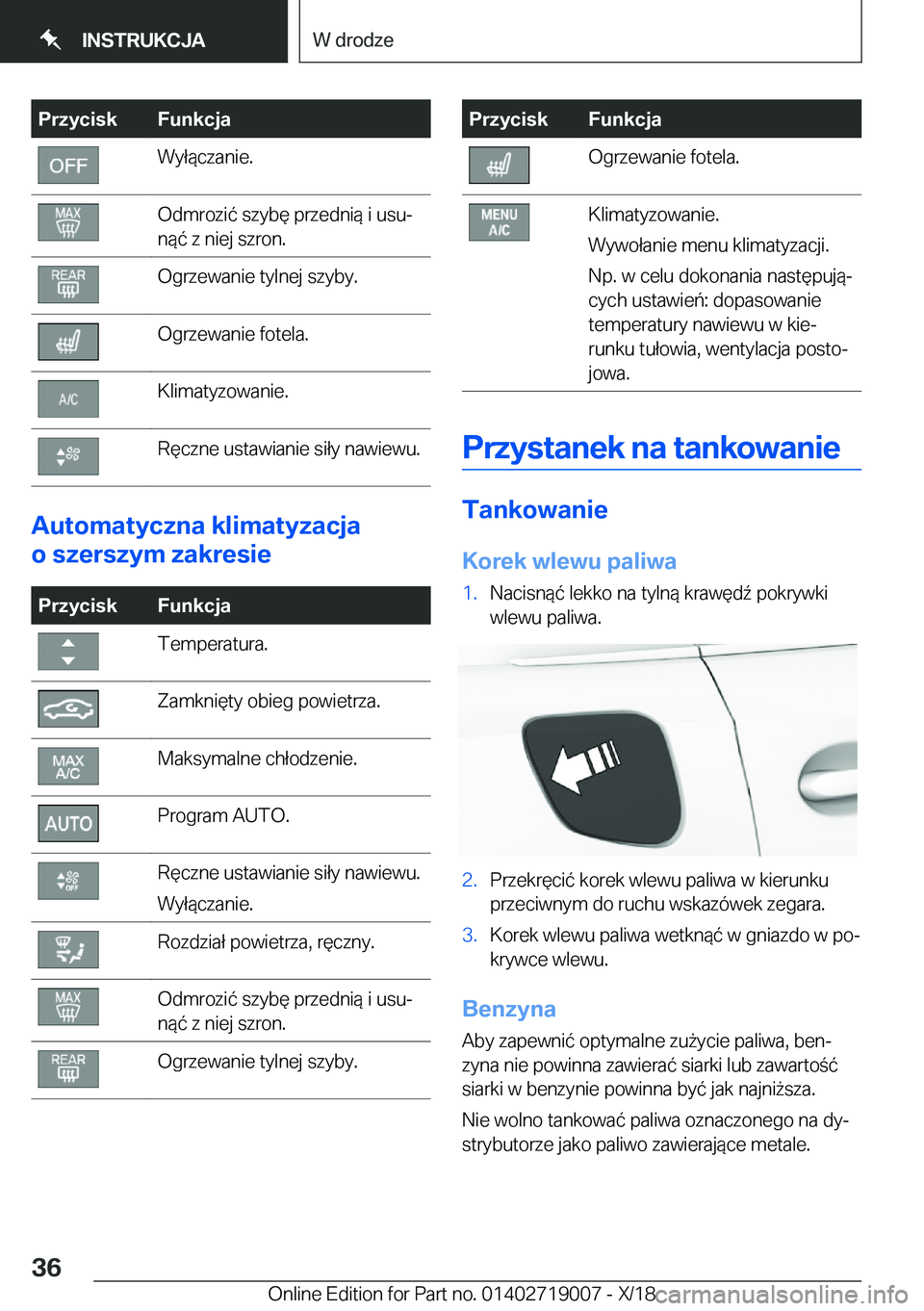 BMW Z4 2019  Instrukcja obsługi (in Polish) �P�r�z�y�c�i�s�k�F�u�n�k�c�j�a�W�y�ł�
