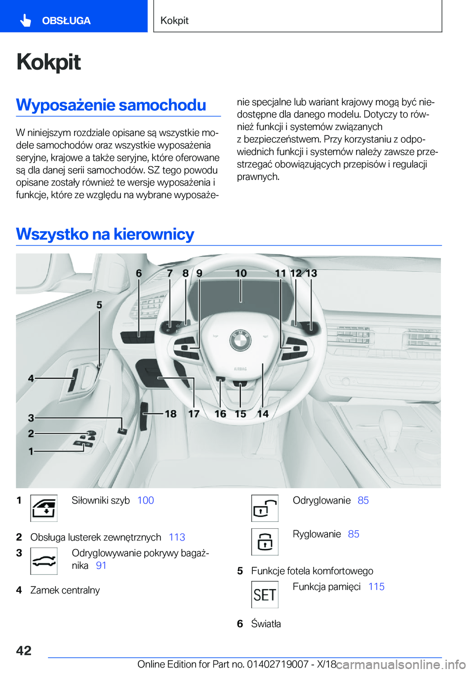 BMW Z4 2019  Instrukcja obsługi (in Polish) �K�o�k�p�i�t�W�y�p�o�s�a9�e�n�i�e��s�a�m�o�c�h�o�d�u
�W��n�i�n�i�e�j�s�z�y�m��r�o�z�d�z�i�a�l�e��o�p�i�s�a�n�e��s�