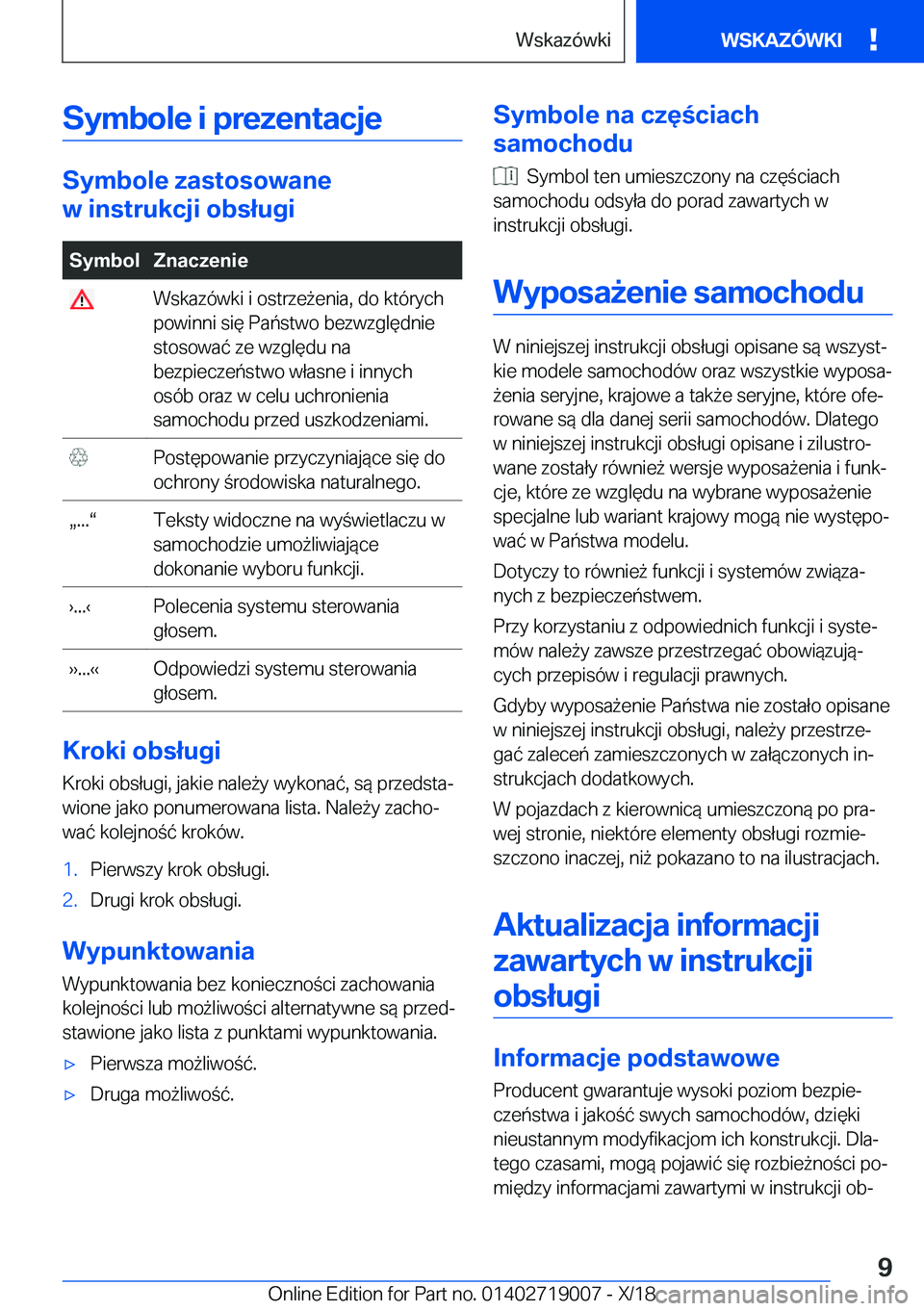 BMW Z4 2019  Instrukcja obsługi (in Polish) �S�y�m�b�o�l�e��i��p�r�e�z�e�n�t�a�c�j�e
�S�y�m�b�o�l�e��z�a�s�t�o�s�o�w�a�n�e
�w��i�n�s�t�r�u�k�c�j�i��o�b�s�ł�u�g�i
�S�y�m�b�o�l�Z�n�a�c�z�e�n�i�e��W�s�k�a�z�