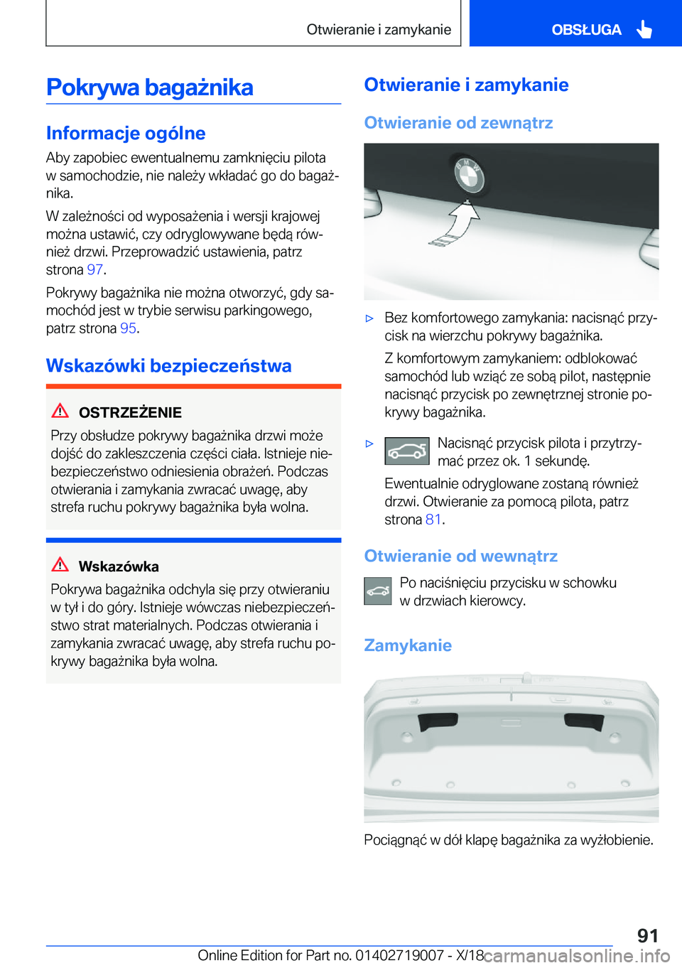 BMW Z4 2019  Instrukcja obsługi (in Polish) �P�o�k�r�y�w�a��b�a�g�a9�n�i�k�a
�I�n�f�o�r�m�a�c�j�e��o�g�