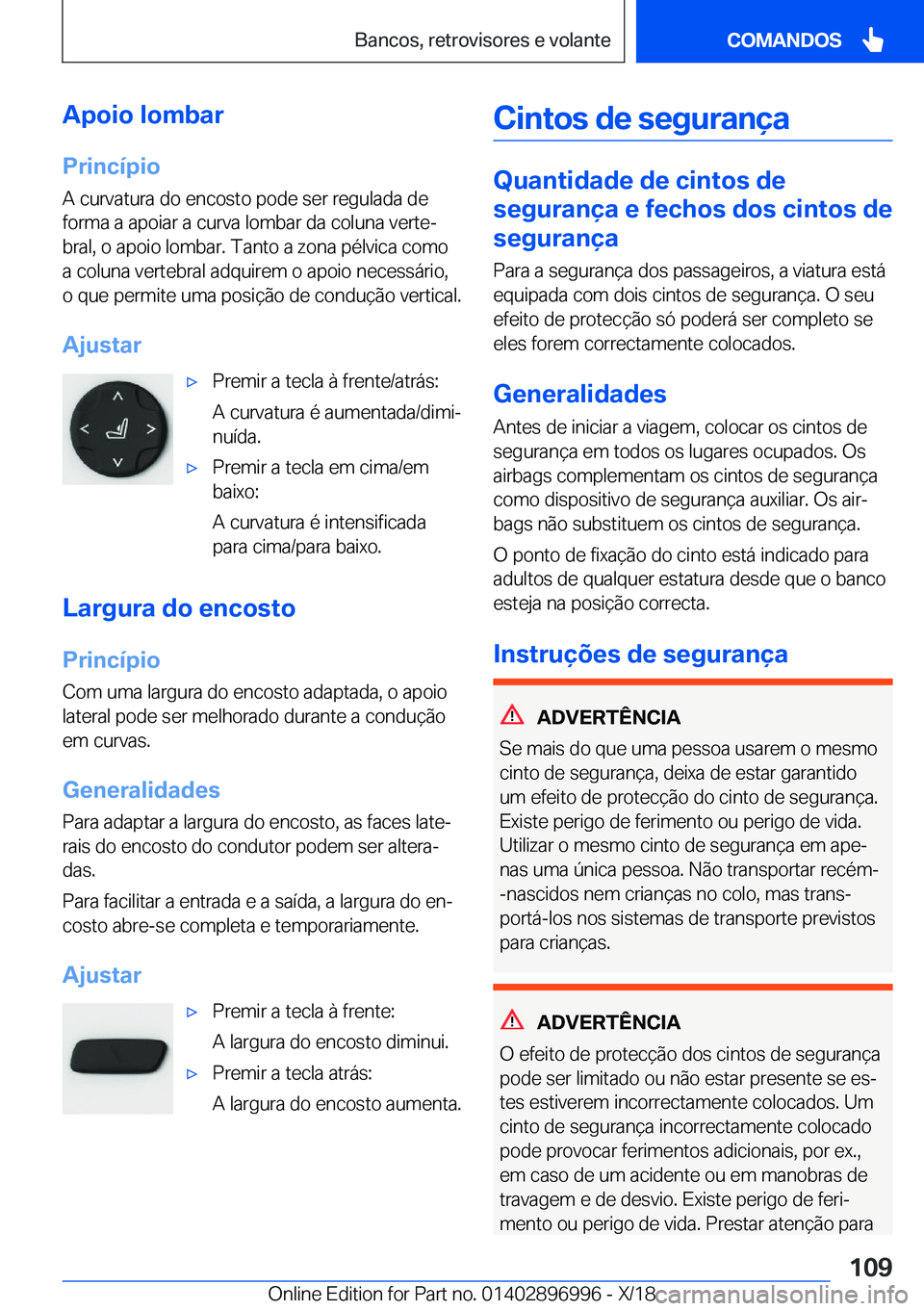 BMW Z4 2019  Manual do condutor (in Portuguese) �A�p�o�i�o��l�o�m�b�a�r�P�r�i�n�c�
