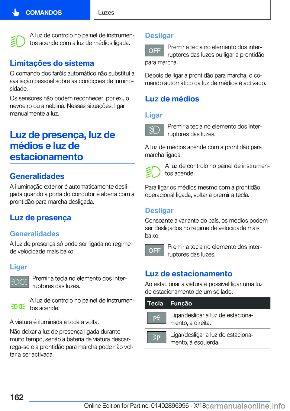 BMW Z4 2019  Manual do condutor (in Portuguese) �A��l�u�z��d�e��c�o�n�t�r�o�l�o��n�o��p�a�i�n�e�l��d�e��i�n�s�t�r�u�m�e�nª
�t�o�s��a�c�e�n�d�e��c�o�m��a��l�u�z��d�e��m�é�d�i�o�s��l�i�g�a�d�a�.
�L�i�m�i�t�a�