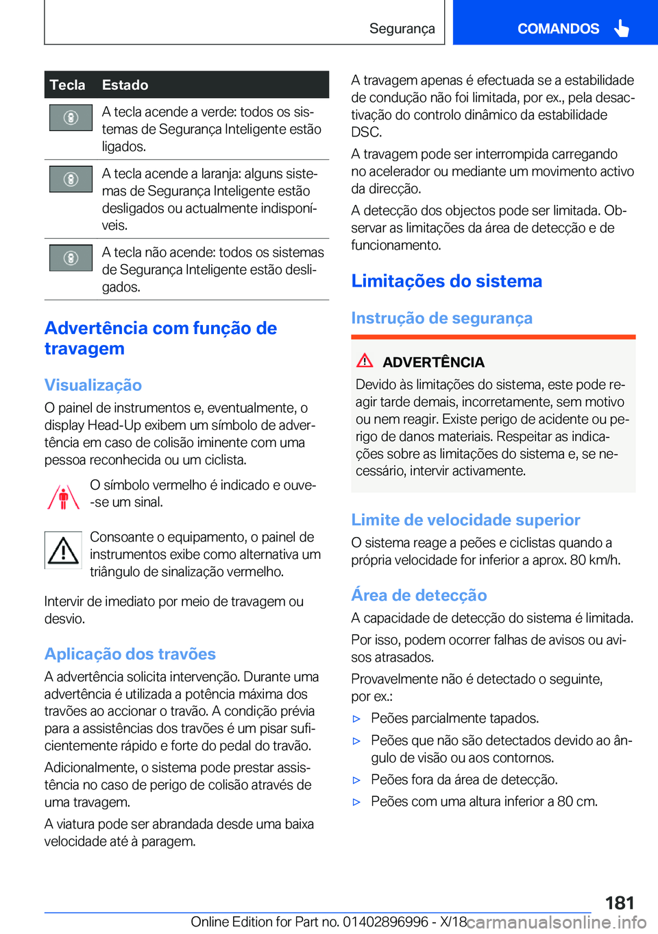 BMW Z4 2019  Manual do condutor (in Portuguese) �T�e�c�l�a�E�s�t�a�d�o�A��t�e�c�l�a��a�c�e�n�d�e��a��v�e�r�d�e�:��t�o�d�o�s��o�s��s�i�sª
�t�e�m�a�s��d�e��S�e�g�u�r�a�n�