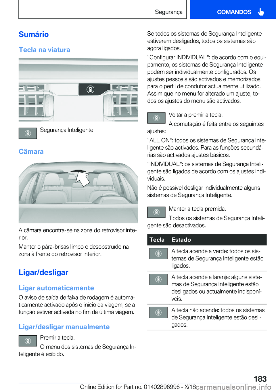 BMW Z4 2019  Manual do condutor (in Portuguese) �S�u�m�á�r�i�o�T�e�c�l�a��n�a��v�i�a�t�u�r�a
�S�e�g�u�r�a�n�