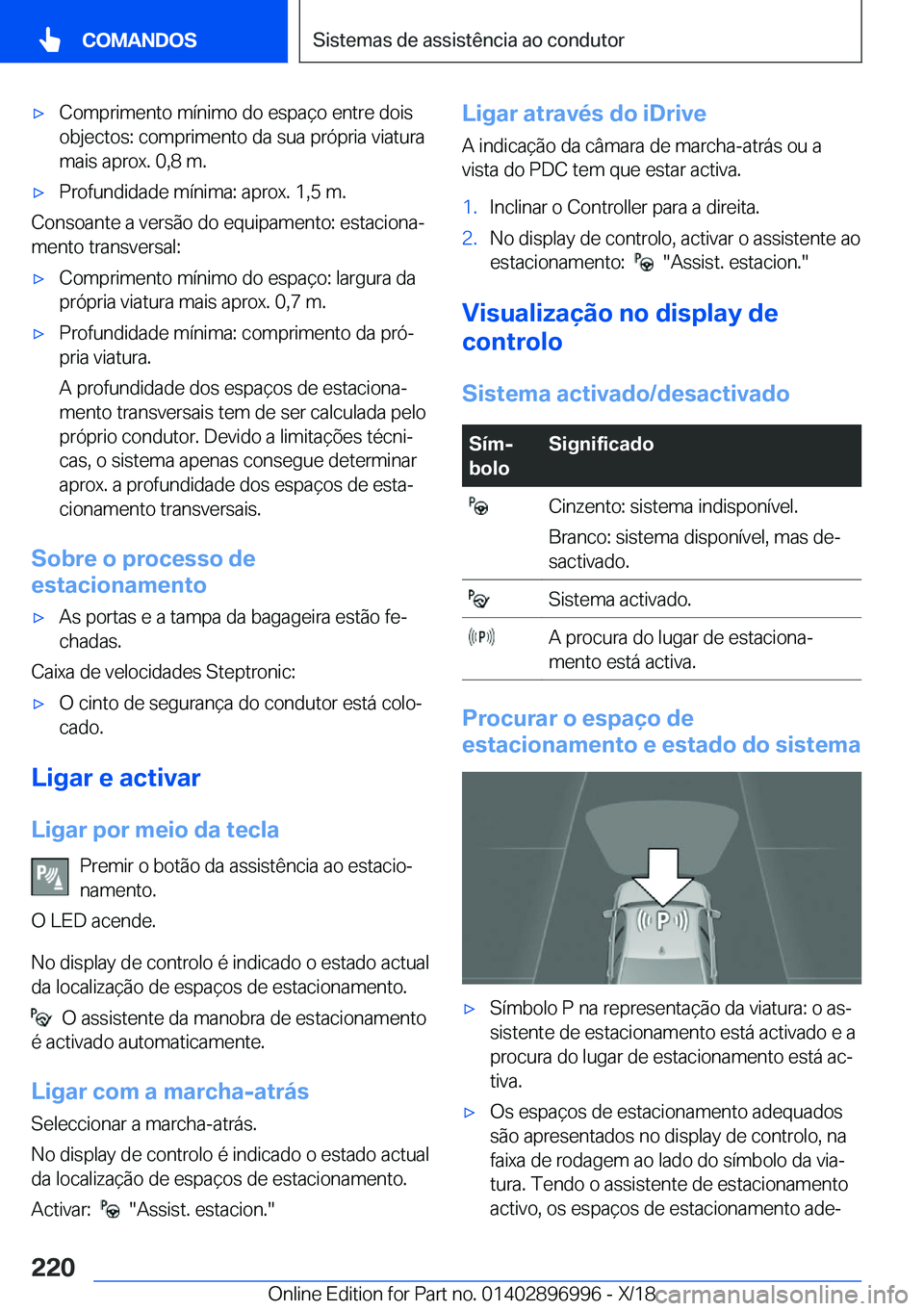 BMW Z4 2019  Manual do condutor (in Portuguese) x�C�o�m�p�r�i�m�e�n�t�o��m�