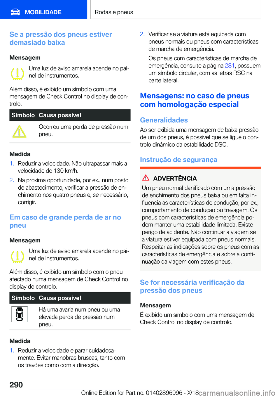 BMW Z4 2019  Manual do condutor (in Portuguese) �S�e��a��p�r�e�s�s�ã�o��d�o�s��p�n�e�u�s��e�s�t�i�v�e�r
�d�e�m�a�s�i�a�d�o��b�a�i�x�a
�M�e�n�s�a�g�e�m �U�m�a��l�u�z��d�e��a�v�i�s�o��a�m�a�r�e�l�a��a�c�e�n�d�e��n�o��p�a�iª�n�e�l��d�