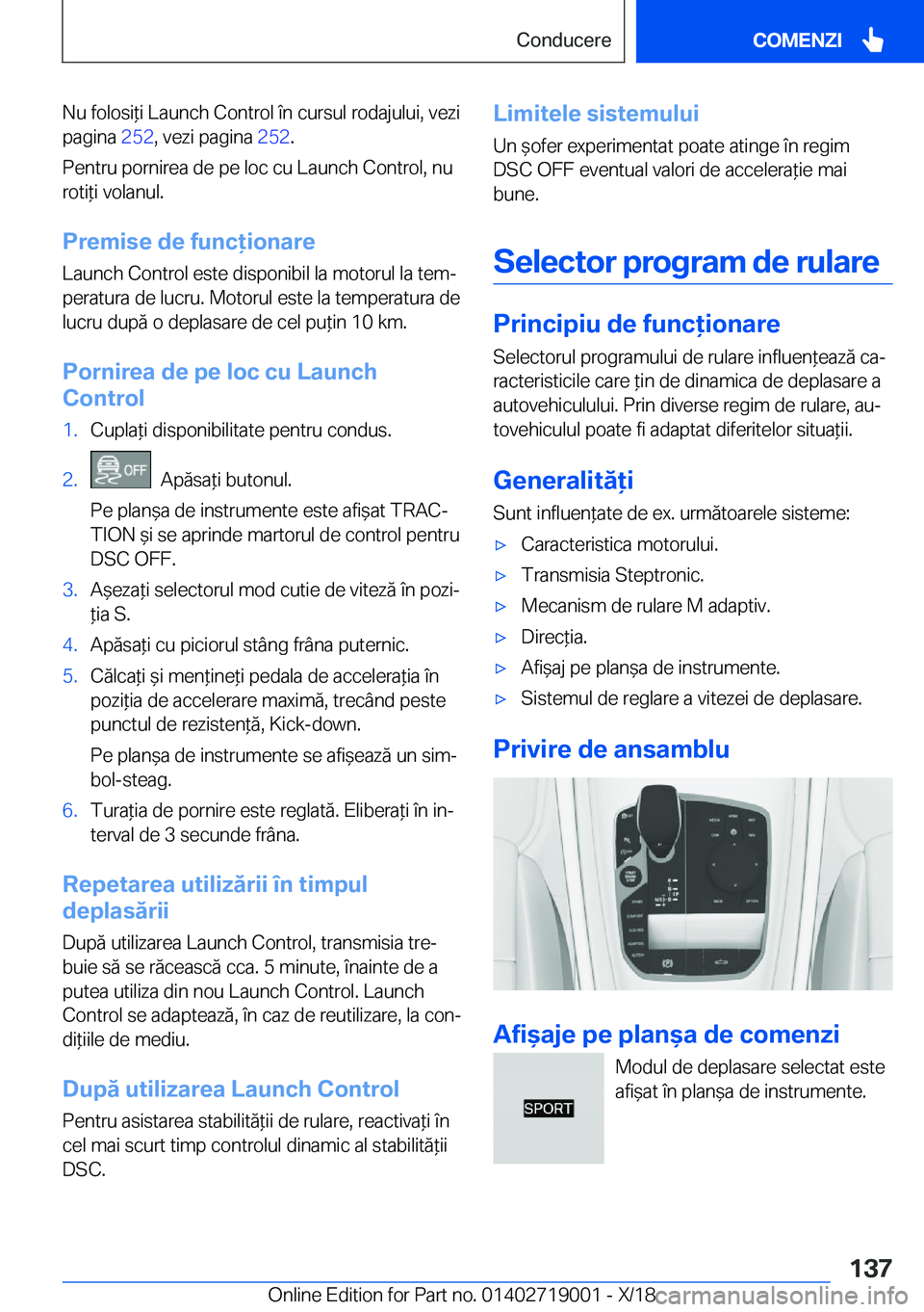 BMW Z4 2019  Ghiduri De Utilizare (in Romanian) �N�u��f�o�l�o�s�i*�i��L�a�u�n�c�h��C�o�n�t�r�o�l��