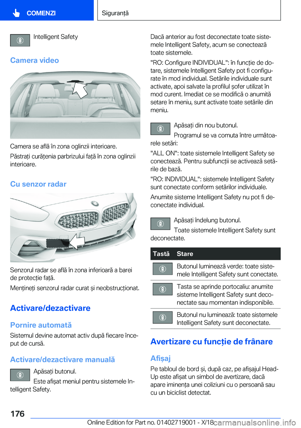 BMW Z4 2019  Ghiduri De Utilizare (in Romanian) �I�n�t�e�l�l�i�g�e�n�t��S�a�f�e�t�y
�C�a�m�e�r�a��v�i�d�e�o
�C�a�m�e�r�a��s�e��a�f�l�