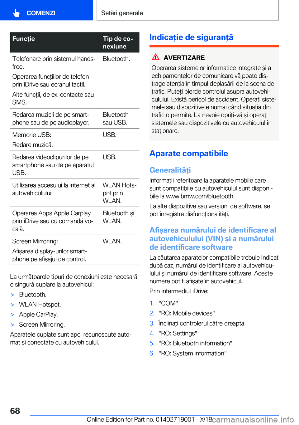 BMW Z4 2019  Ghiduri De Utilizare (in Romanian) �F�u�n�c�i�e�T�i�p��d�e��c�oj
�n�e�x�i�u�n�e�T�e�l�e�f�o�n�a�r�e��p�r�i�n��s�i�s�t�e�m�u�l��h�a�n�d�s�-
�f�r�e�e�.
�O�p�e�r�a�r�e�a��f�u�n�c*�i�i�l�o�r��d�e��t�e�l�e�f�o�n
�p�r�i�n��i�D�r