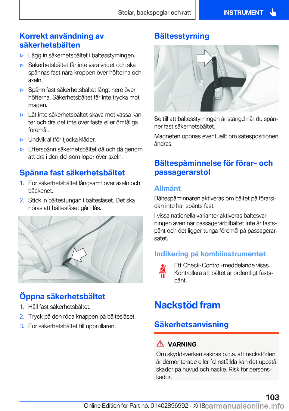 BMW Z4 2019  InstruktionsbÖcker (in Swedish) �K�o�r�r�e�k�t��a�n�v�ä�n�d�n�i�n�g��a�v
�s�ä�k�e�r�h�e�t�s�b�ä�l�t�e�nx�L�ä�g�g��i�n��s�ä�k�e�r�h�e�t�s�b�ä�l�t�e�t��i��b�ä�l�t�e�s�s�t�y�r�n�i�n�g�e�n�.x�S�ä�k�e�r�h�e�t�s�b�ä�l�t�e