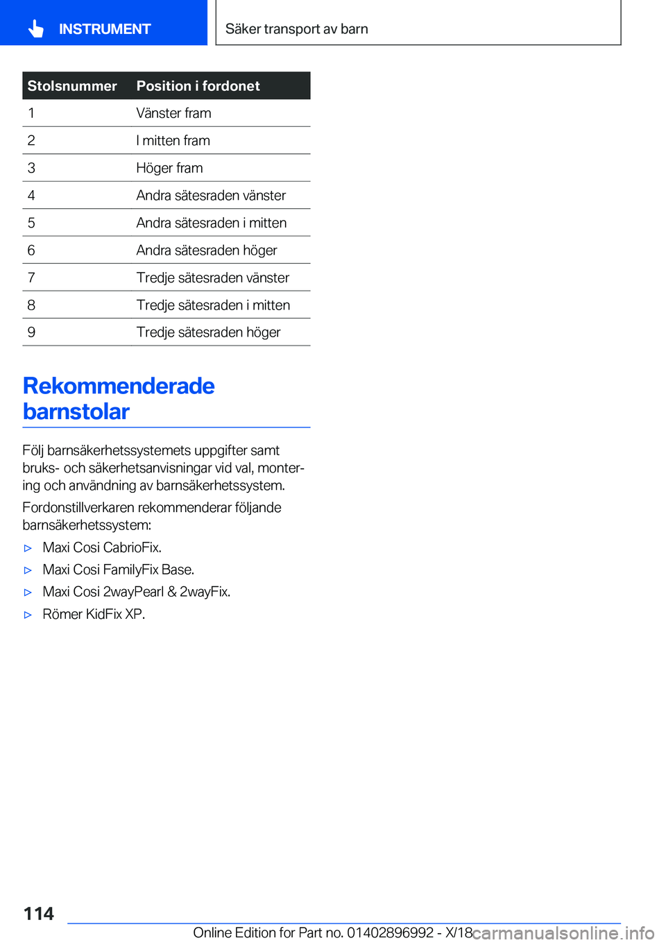 BMW Z4 2019  InstruktionsbÖcker (in Swedish) �S�t�o�l�s�n�u�m�m�e�r�P�o�s�i�t�i�o�n��i��f�o�r�d�o�n�e�t�1�V�ä�n�s�t�e�r��f�r�a�m�2�I��m�i�t�t�e�n��f�r�a�m�3�H�