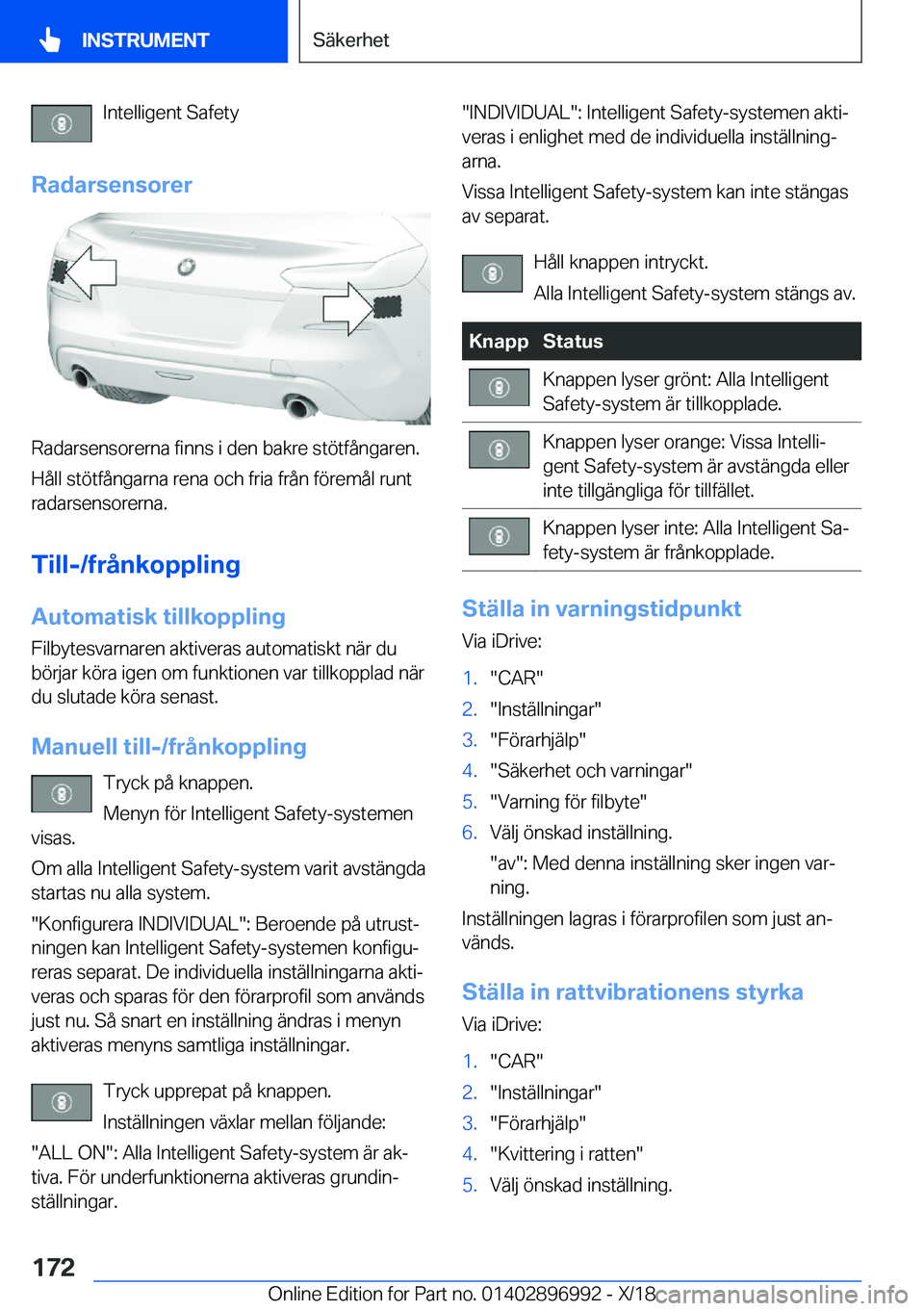 BMW Z4 2019  InstruktionsbÖcker (in Swedish) �I�n�t�e�l�l�i�g�e�n�t��S�a�f�e�t�y
�R�a�d�a�r�s�e�n�s�o�r�e�r
�R�a�d�a�r�s�e�n�s�o�r�e�r�n�a��f�i�n�n�s��i��d�e�n��b�a�k�r�e��s�t�