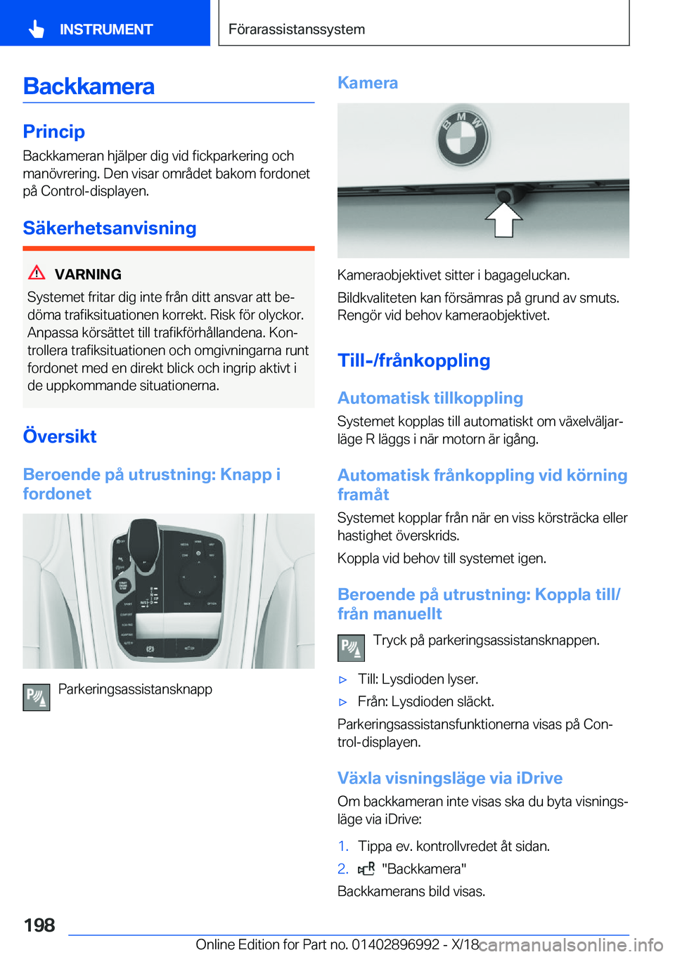 BMW Z4 2019  InstruktionsbÖcker (in Swedish) �B�a�c�k�k�a�m�e�r�a
�P�r�i�n�c�i�p
�B�a�c�k�k�a�m�e�r�a�n��h�j�ä�l�p�e�r��d�i�g��v�i�d��f�i�c�k�p�a�r�k�e�r�i�n�g��o�c�h
�m�a�n�