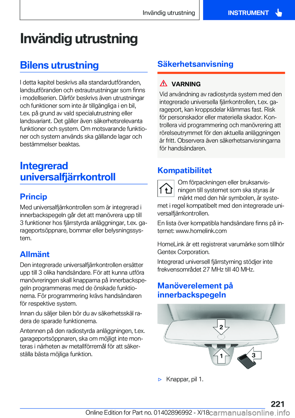 BMW Z4 2019  InstruktionsbÖcker (in Swedish) �I�n�v�ä�n�d�i�g��u�t�r�u�s�t�n�i�n�g�B�i�l�e�n�s��u�t�r�u�s�t�n�i�n�g
�I��d�e�t�t�a��k�a�p�i�t�e�l��b�e�s�k�r�i�v�s��a�l�l�a��s�t�a�n�d�a�r�d�u�t�f�