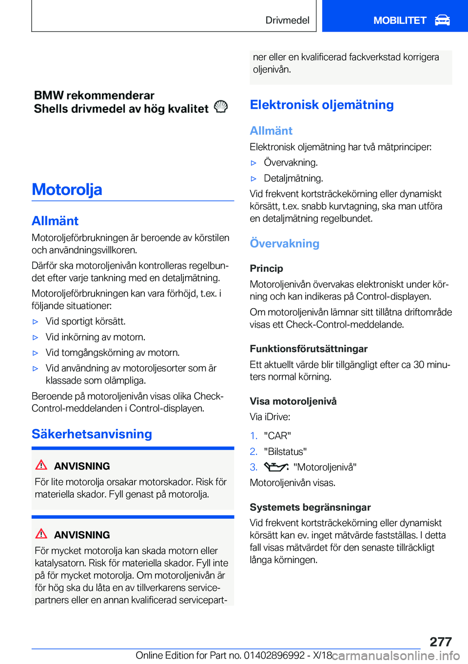 BMW Z4 2019  InstruktionsbÖcker (in Swedish) �M�o�t�o�r�o�l�j�a
�A�l�l�m�ä�n�t
�M�o�t�o�r�o�l�j�e�f�