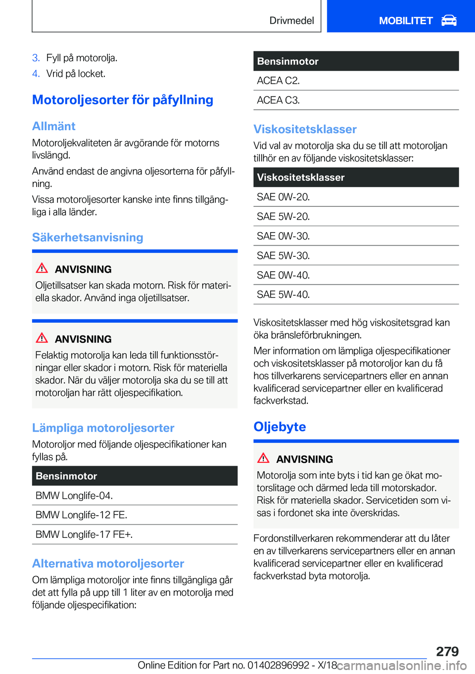 BMW Z4 2019  InstruktionsbÖcker (in Swedish) �3�.�F�y�l�l��p�å��m�o�t�o�r�o�l�j�a�.�4�.�V�r�i�d��p�å��l�o�c�k�e�t�.
�M�o�t�o�r�o�l�j�e�s�o�r�t�e�r��f�