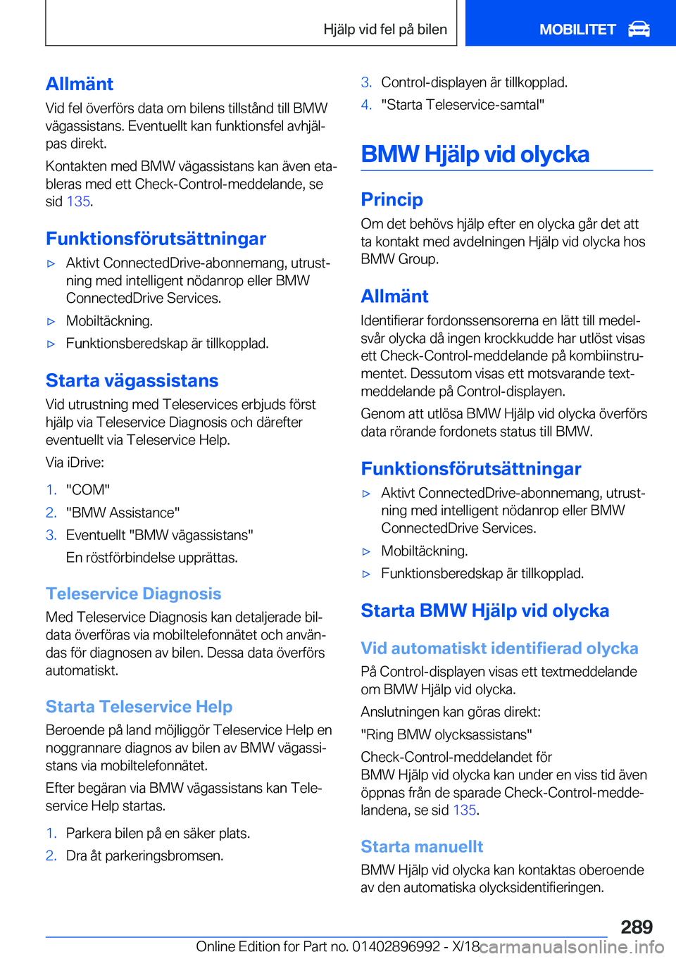 BMW Z4 2019  InstruktionsbÖcker (in Swedish) �A�l�l�m�ä�n�t
�V�i�d��f�e�l��
