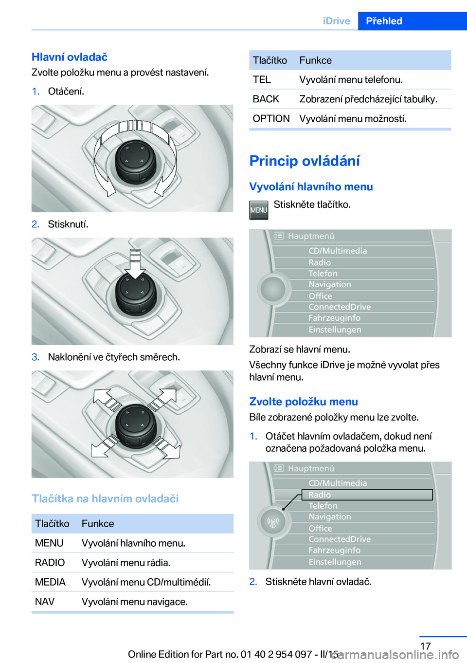 BMW Z4 2016  Návod na použití (in Czech) Hlavní ovladačZvolte položku menu a provést nastavení.1.Otáčení.2.Stisknutí.3.Naklonění ve čtyřech směrech.
Tlačítka na hlavním ovladači
TlačítkoFunkceMENUVyvolání hlavního menu
