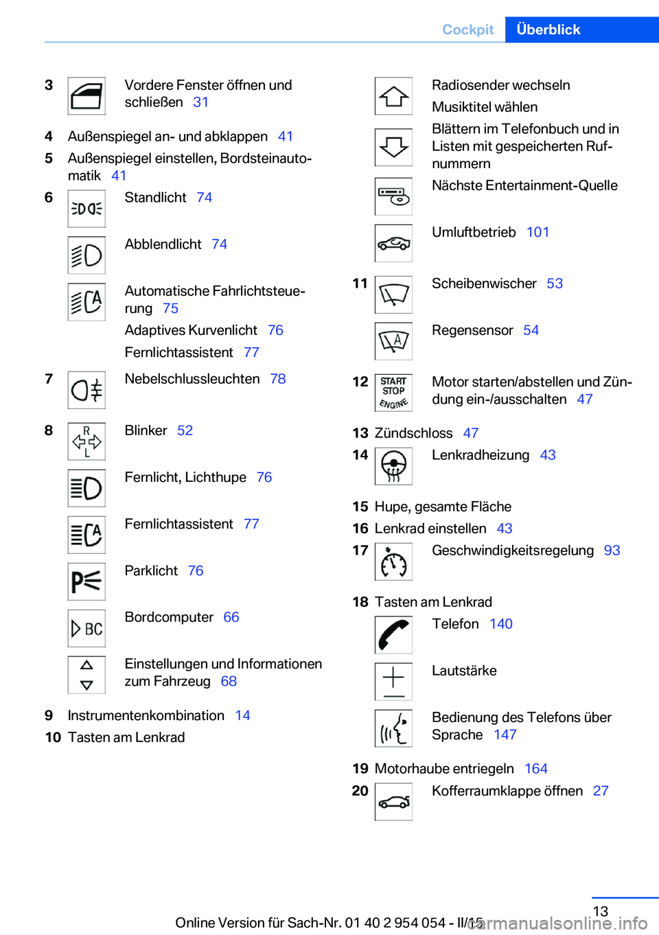 BMW Z4 2016 Betriebsanleitungen (in German) 3Vordere Fenster öffnen und
schließen 314Außenspiegel an- und abklappen 415Außenspiegel einstellen, Bordsteinauto‐
matik 416Standlicht 74Abblendlicht 74Automatische BMW Z4 2016 Betriebsanleitungen (in German) 3Vordere Fenster öffnen und
schließen 314Außenspiegel an- und abklappen 415Außenspiegel einstellen, Bordsteinauto‐
matik 416Standlicht 74Abblendlicht 74Automatische