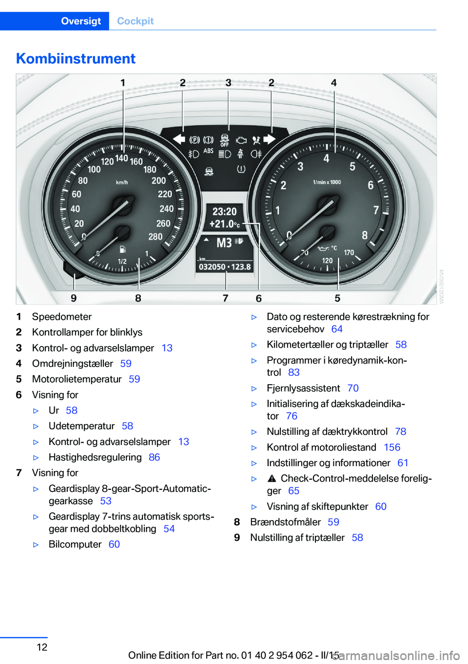 BMW Z4 2016  InstruktionsbØger (in Danish) Kombiinstrument1Speedometer2Kontrollamper for blinklys3Kontrol- og advarselslamper  134Omdrejningstæller  595Motorolietemperatur   596Visning for▷Ur  58▷Udetemperatur   58▷K