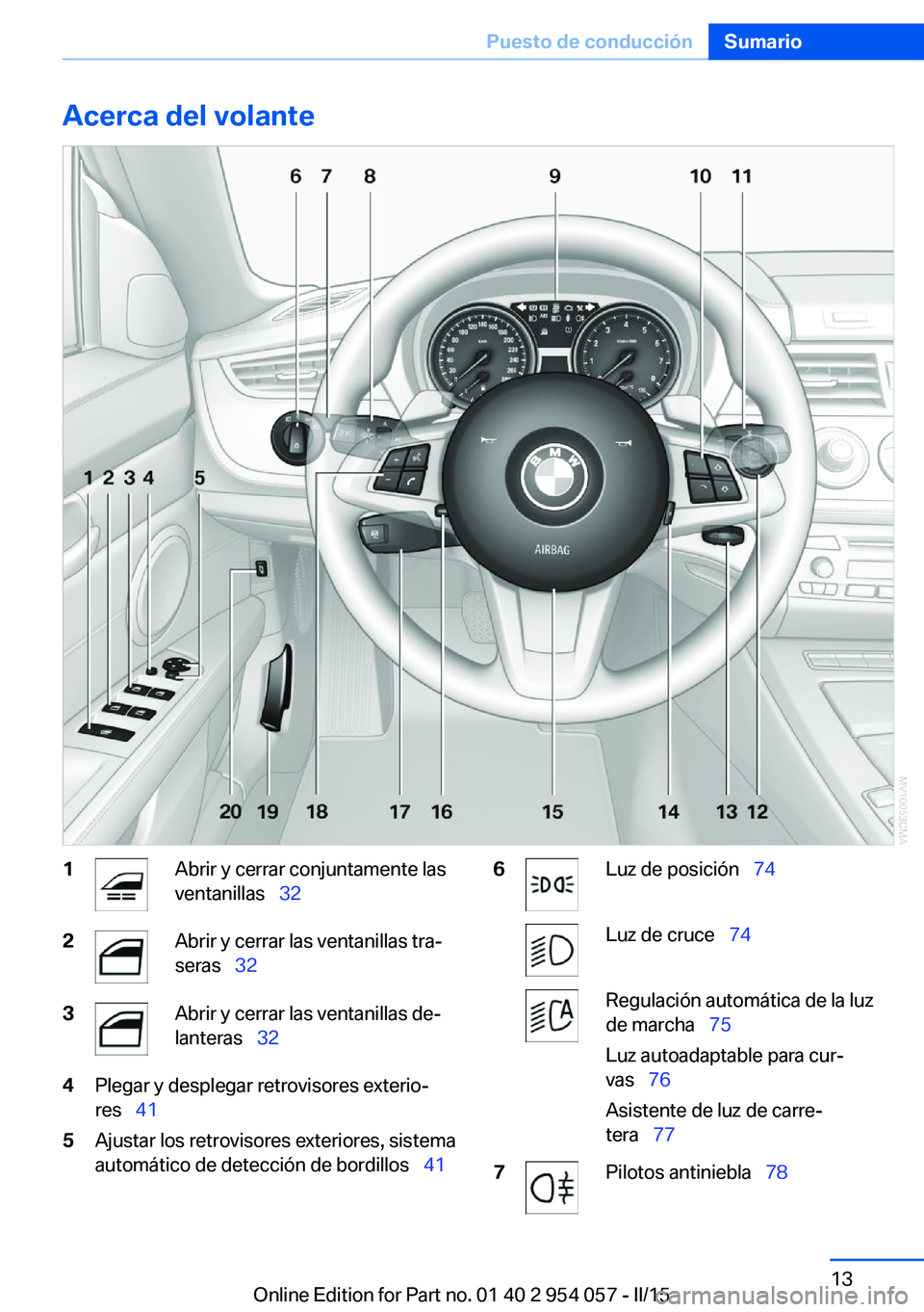 BMW Z4 2016  Manuales de Empleo (in Spanish) Acerca del volante1Abrir y cerrar conjuntamente las
ventanillas   322Abrir y cerrar las ventanillas tra‐
seras   323Abrir y cerrar las ventanillas de‐
lanteras   324Plegar y desplegar 