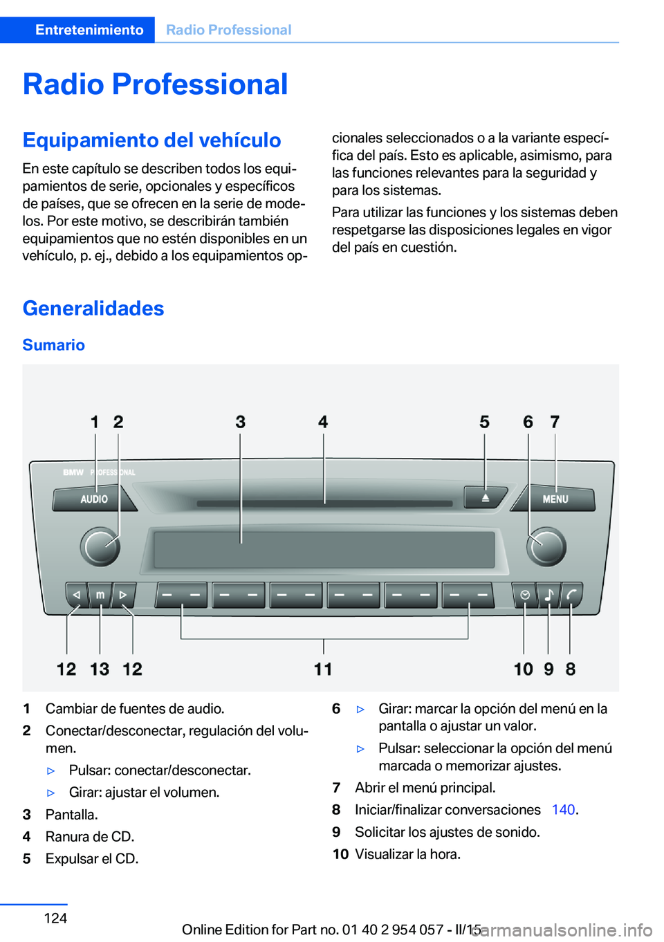 BMW Z4 2016  Manuales de Empleo (in Spanish) Radio ProfessionalEquipamiento del vehículoEn este capítulo se describen todos los equi‐
pamientos de serie, opcionales y específicos
de países, que se ofrecen en la serie de mode‐
los. Por es