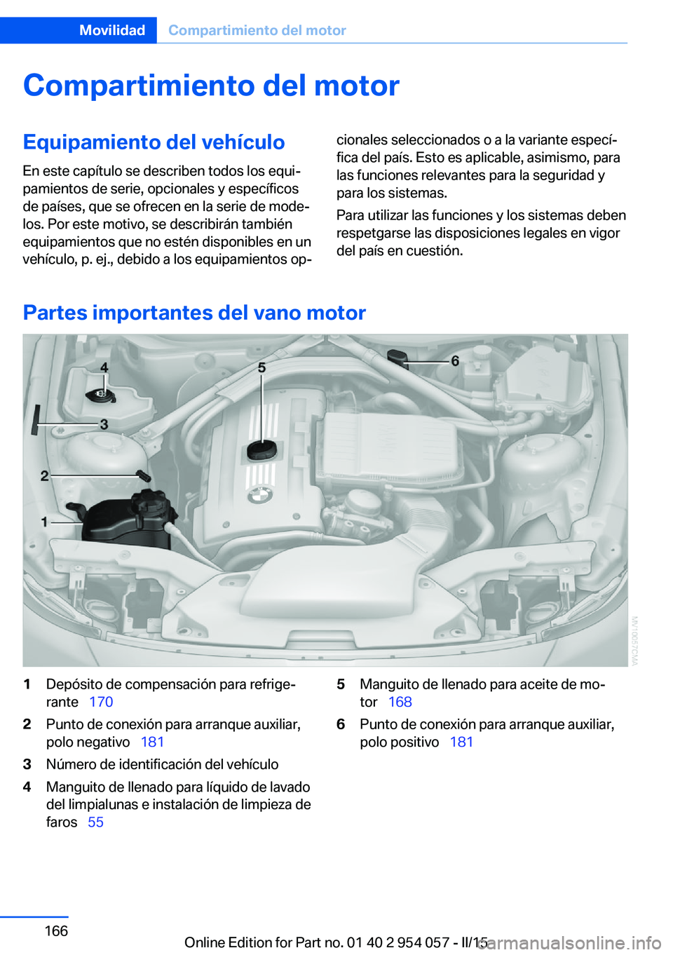 BMW Z4 2016 Manuales de Empleo (in Spanish) Compartimiento del motorEquipamiento del vehículoEn este capítulo se describen todos los equi‐
pamientos de serie, opcionales y específicos
de países, que se ofrecen en la serie de mode‐
los. BMW Z4 2016 Manuales de Empleo (in Spanish) Compartimiento del motorEquipamiento del vehículoEn este capítulo se describen todos los equi‐
pamientos de serie, opcionales y específicos
de países, que se ofrecen en la serie de mode‐
los.