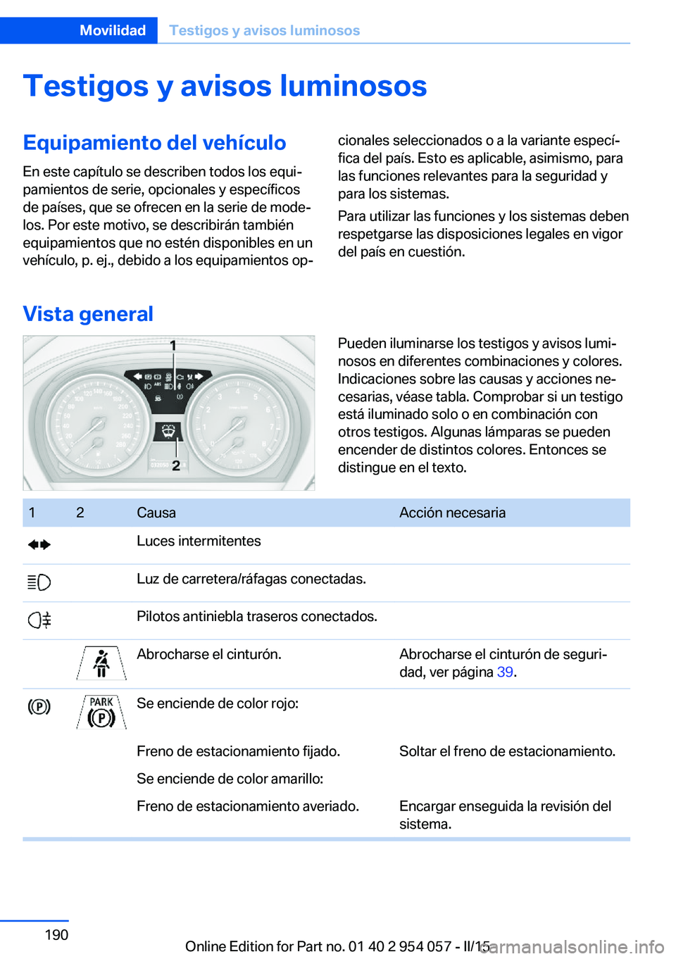 BMW Z4 2016 Manuales de Empleo (in Spanish) Testigos y avisos luminososEquipamiento del vehículo
En este capítulo se describen todos los equi‐
pamientos de serie, opcionales y específicos
de países, que se ofrecen en la serie de mode‐
l BMW Z4 2016 Manuales de Empleo (in Spanish) Testigos y avisos luminososEquipamiento del vehículo
En este capítulo se describen todos los equi‐
pamientos de serie, opcionales y específicos
de países, que se ofrecen en la serie de mode‐
l