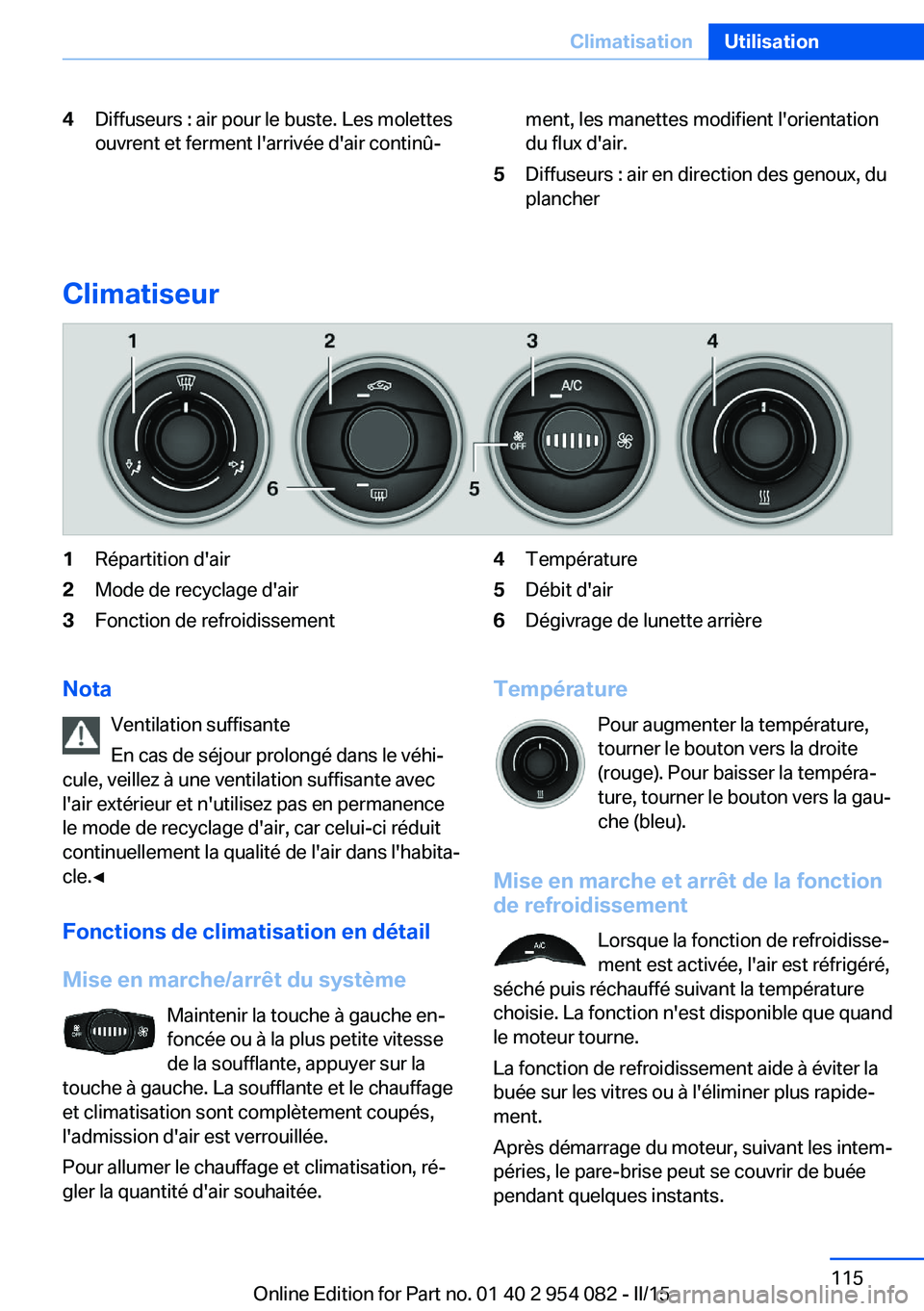 BMW Z4 2016  Notices Demploi (in French) 4Diffuseurs : air pour le buste. Les molettes
ouvrent et ferment l'arrivée d'air continû‐ment, les manettes modifient l'orientation
du flux d'air.5Diffuseurs : air en direction des