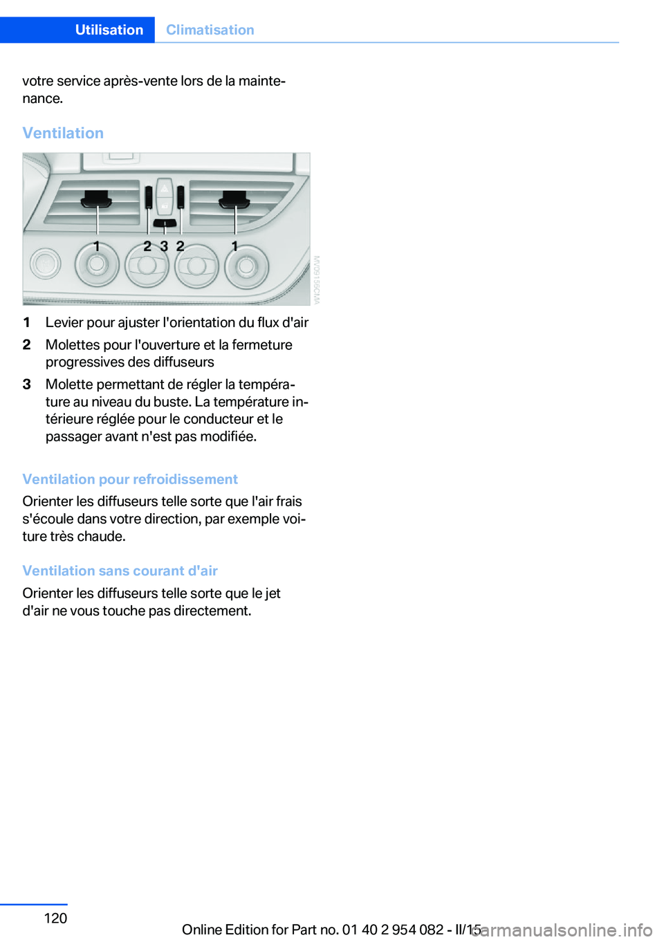 BMW Z4 2016  Notices Demploi (in French) votre service après-vente lors de la mainte‐
nance.
Ventilation1Levier pour ajuster l'orientation du flux d'air2Molettes pour l'ouverture et la fermeture
progressives des diffuseurs3Mol