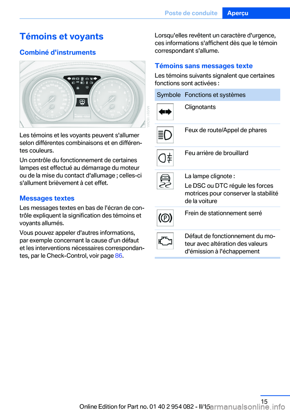 BMW Z4 2016  Notices Demploi (in French) Témoins et voyantsCombiné d'instruments
Les témoins et les voyants peuvent s'allumer
selon différentes combinaisons et en différen‐
tes couleurs.
Un contrôle du fonctionnement de certa